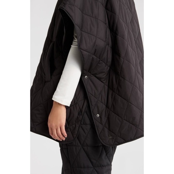 Zella Black Quilted Hooded Poncho Zip Front Diamond Stitch Cape with Pockets - Picture 9 of 15
